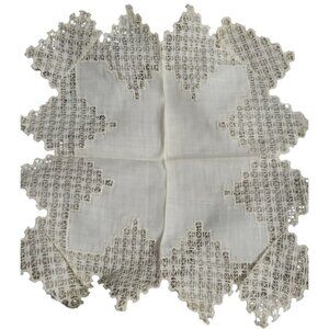 Hardanger Handkerchief Lace Linen Ecru Diamond Edge 8inch Square Vintage